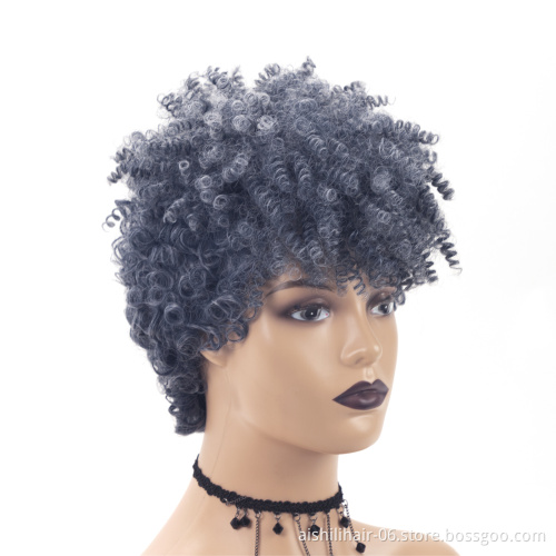 aishili wholesale short afro curly wigs with blue mixed grey pixie cut curly synthetic hair wig for black women